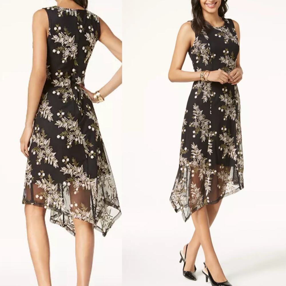 Alfani Midi plus Size Dress Embroidered Handkerchief Hem Dark Floral 90s 16W
